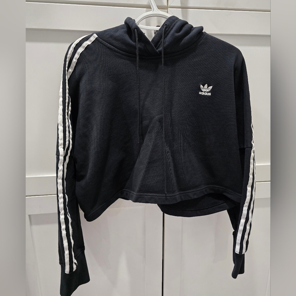 Adidas Black Crop Sweater with Signature Stripes